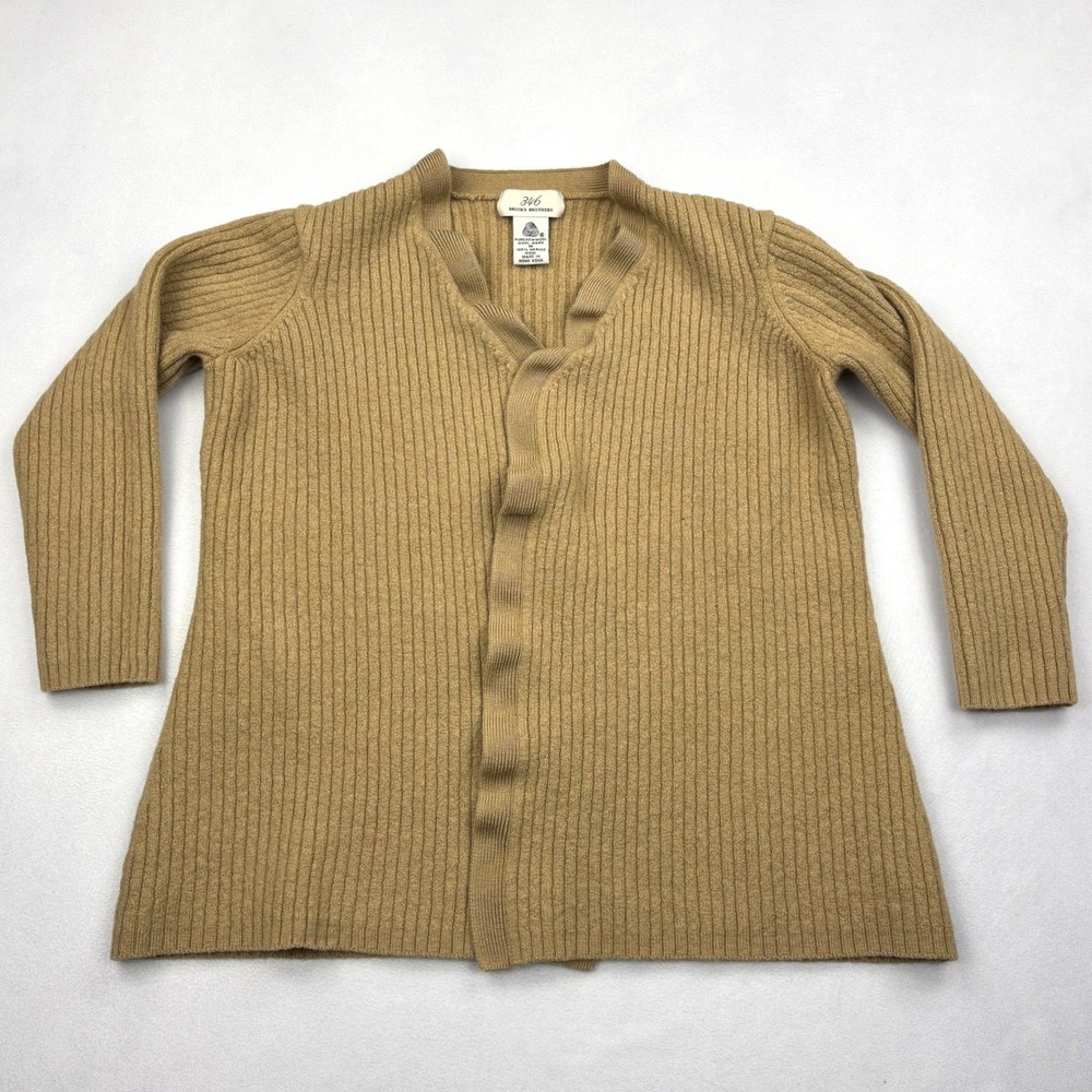 Brooks Brothers 346 Womens Medium Camel Tan 100% Merino Wool Ruffle Cardigan M
